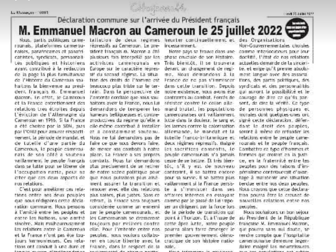 Déclaration commune sur l' arrivée du président français Emmanuel Macron au Cameroun